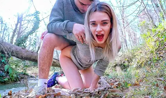 Russian young couple outdoors filming doggy style classic sex