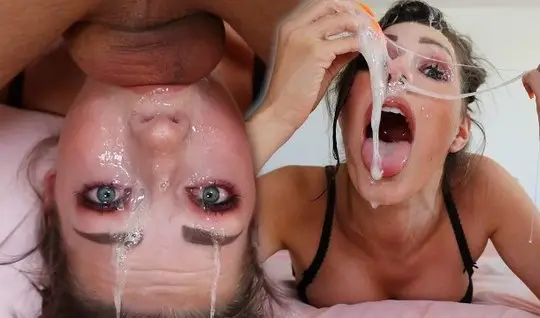 The girl lying on her back opens her mouth for a deep blowjob with sperm