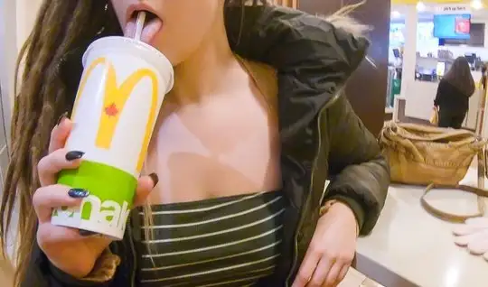 Girlfriend in a cafe in public shows boobs and pulls pants